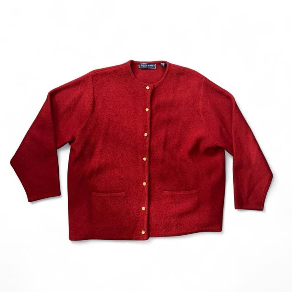 Karen Scott Red Pure Wool Cardigan Sweater Women’s 2X Gold Buttons Classic